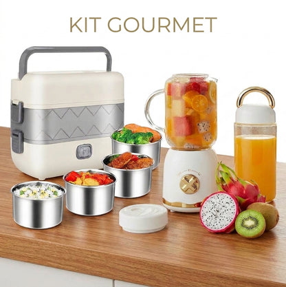 KIT ALMUERZO GOURMET & SALUDABLE - Lonchera Térmica Vertical Inox + Mini Licuadora Portátil Retro