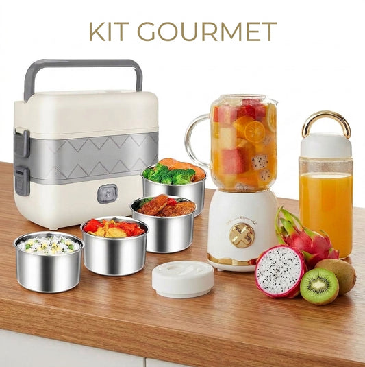 KIT ALMUERZO GOURMET & SALUDABLE - Lonchera Térmica Vertical Inox + Mini Licuadora Portátil Retro